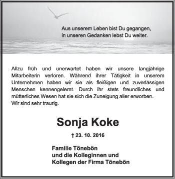 Anzeige  Sonja Koke  Lippische Landes-Zeitung
