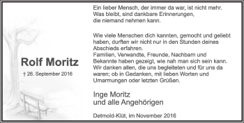 Anzeige  Rolf Moritz  Lippische Landes-Zeitung