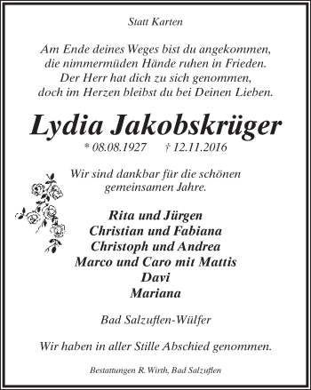 Anzeige  Lydia Jakobskrüger  Lippische Landes-Zeitung