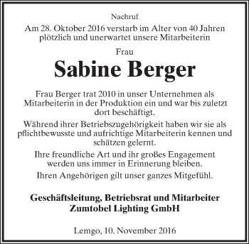 Anzeige  Sabine Berger  Lippische Landes-Zeitung