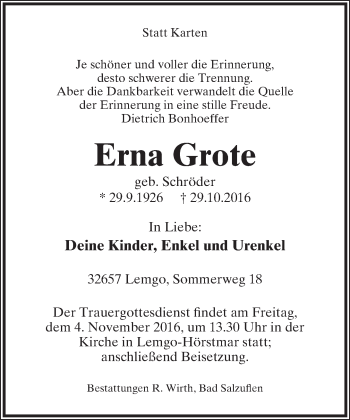 Anzeige  Erna Grote  Lippische Landes-Zeitung