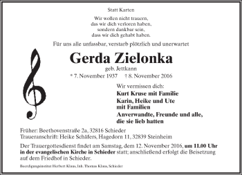 Anzeige  Gerda Zielonka  Lippische Landes-Zeitung