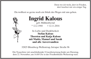 Anzeige  Ingrid Kalous  Lippische Landes-Zeitung