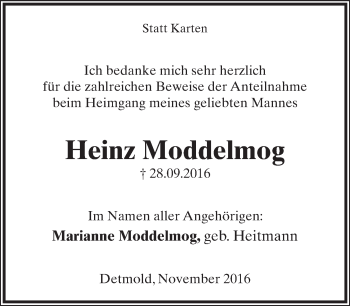 Anzeige  Heinz Moddelmog  Lippische Landes-Zeitung
