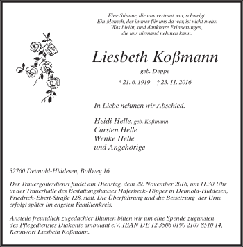 Anzeige  Liesbeth Koßmann  Lippische Landes-Zeitung