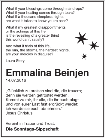 Anzeige  Emmalina Beinjen  Lippische Landes-Zeitung
