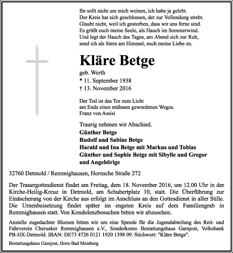  Traueranzeige für Kläre Betge vom 16.11.2016 aus Lippische Landes-Zeitung