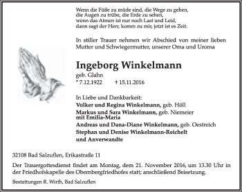 Anzeige  Ingeborg Winkelmann  Lippische Landes-Zeitung