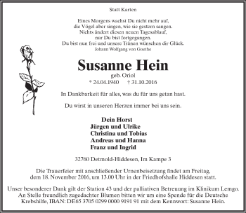 Anzeige  Susanne Hein  Lippische Landes-Zeitung