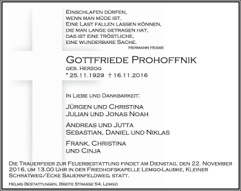 Anzeige  Gottfriede Prohoffnik  Lippische Landes-Zeitung