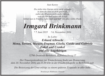 Anzeige  Irmgard Brinkmann  Lippische Landes-Zeitung