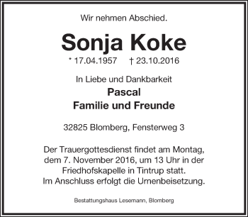 Anzeige  Sonja Koke  Lippische Landes-Zeitung