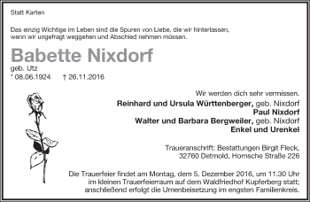 Anzeige  Babette Nixdorf  Lippische Landes-Zeitung