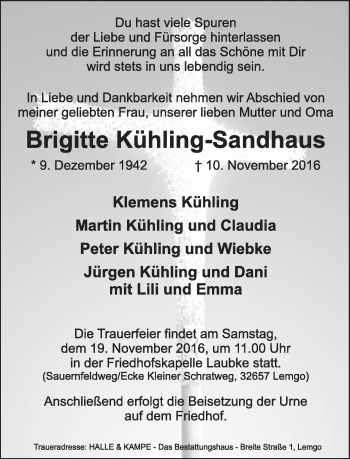 Anzeige  Brigitte Kühling-Sandhaus  Lippische Landes-Zeitung