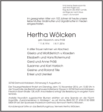 Anzeige  Hertha Wölcken  Lippische Landes-Zeitung