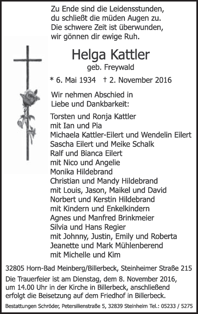  Traueranzeige für Helga Kattler vom 05.11.2016 aus Lippische Landes-Zeitung