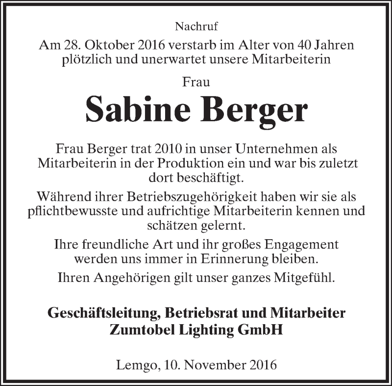  Traueranzeige für Sabine Berger vom 12.11.2016 aus Lippische Landes-Zeitung