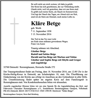 Anzeige  Kläre Betge  Lippische Landes-Zeitung