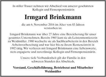Anzeige  Irmgard Brinkmann  Lippische Landes-Zeitung