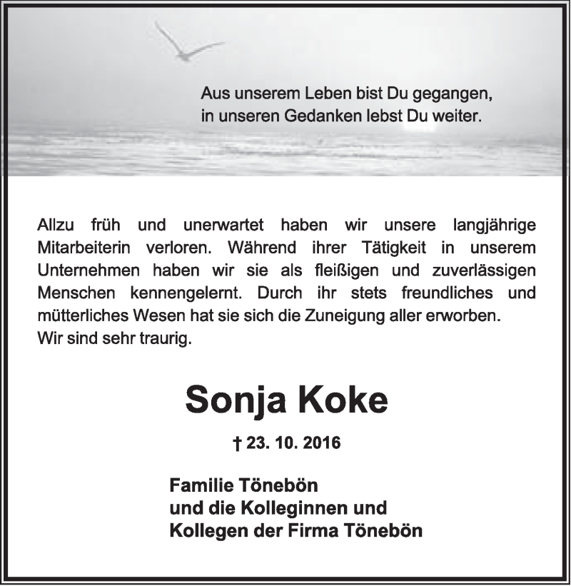  Traueranzeige für Sonja Koke vom 05.11.2016 aus Lippische Landes-Zeitung