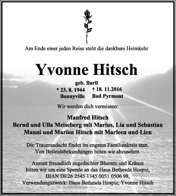 Anzeige  Yvonne Hitsch  Lippische Landes-Zeitung