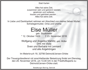 Anzeige  Else Müller  Lippische Landes-Zeitung
