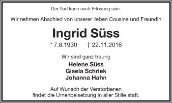 Anzeige  Ingrid Süss  Lippische Landes-Zeitung