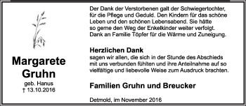 Anzeige  Margarete Gruhn  Lippische Landes-Zeitung
