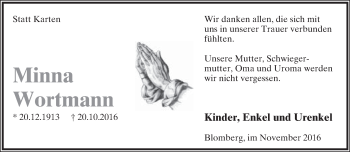 Anzeige  Minna Wortmann  Lippische Landes-Zeitung