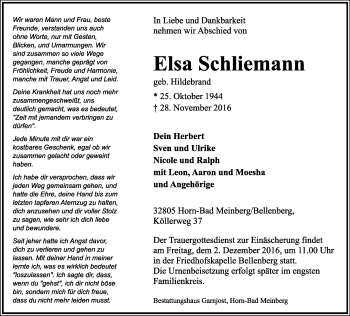 Anzeige  Elsa Schliemann  Lippische Landes-Zeitung