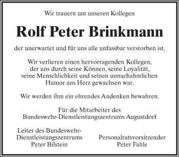 Anzeige  Rolf Peter Brinkmann  Lippische Landes-Zeitung