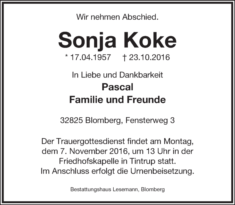  Traueranzeige für Sonja Koke vom 03.11.2016 aus Lippische Landes-Zeitung