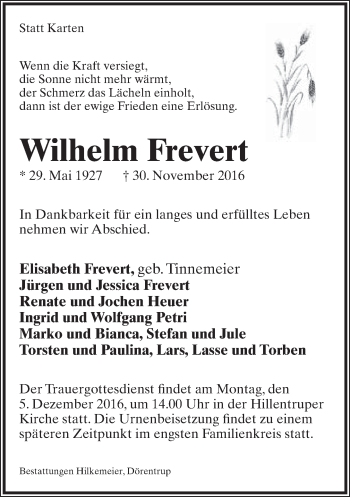 Anzeige  Wilhelm Frevert  Lippische Landes-Zeitung
