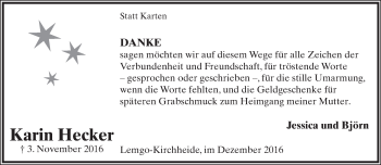 Anzeige  Karin Hecker  Lippische Landes-Zeitung