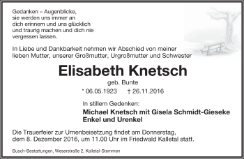 Anzeige  Elisabeth Knetsch  Lippische Landes-Zeitung