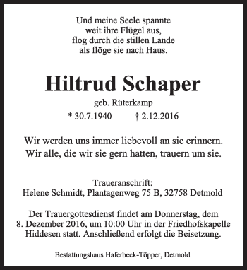 Anzeige  Hiltrud Schaper  Lippische Landes-Zeitung