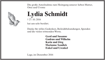 Anzeige  Lydia Schmidt  Lippische Landes-Zeitung