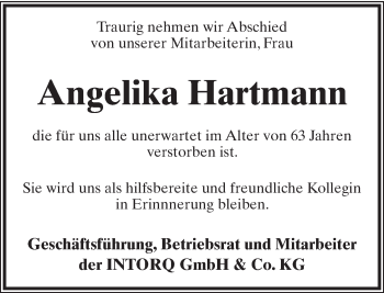 Anzeige  Angelika Hartmann  Lippische Landes-Zeitung