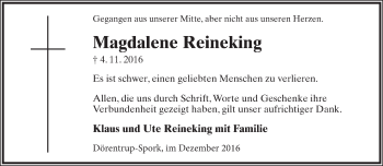 Anzeige  Magdalene Reineking  Lippische Landes-Zeitung