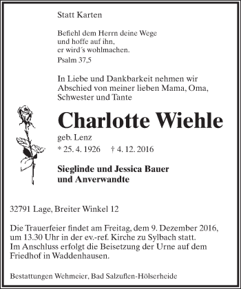 Anzeige  Charlotte Wiehle  Lippische Landes-Zeitung