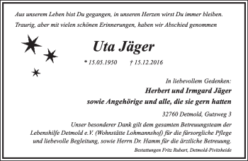 Anzeige  Uta Jäger  Lippische Landes-Zeitung
