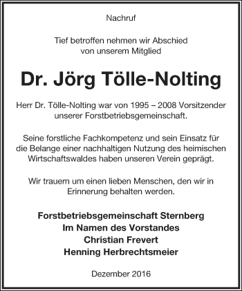 Anzeige  Jörg Tölle-Nolting  Lippische Landes-Zeitung