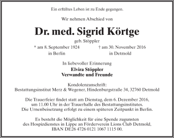 Anzeige  Sigrid Körtge  Lippische Landes-Zeitung