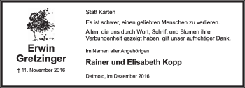 Anzeige  Erwin Gretzinger  Lippische Landes-Zeitung