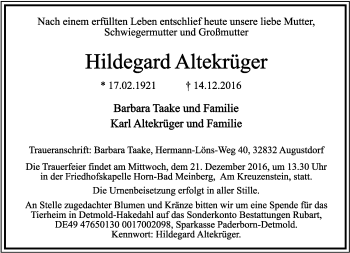 Anzeige  Hildegard Altekrüger  Lippische Landes-Zeitung