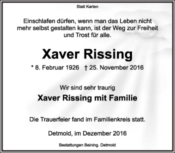 Anzeige  Xaver Rissing  Lippische Landes-Zeitung