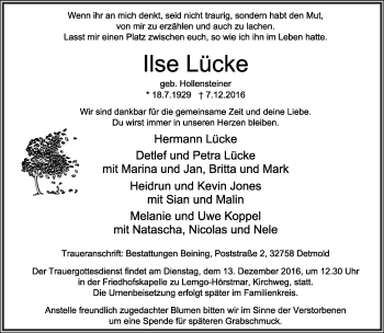 Anzeige  Ilse Lücke  Lippische Landes-Zeitung