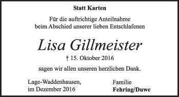 Anzeige  Lisa Gillmeister  Lippische Landes-Zeitung