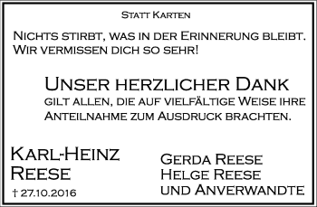 Anzeige  Karl-Heinz Reese  Lippische Landes-Zeitung