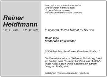 Anzeige  Reiner Heidtmann  Lippische Landes-Zeitung